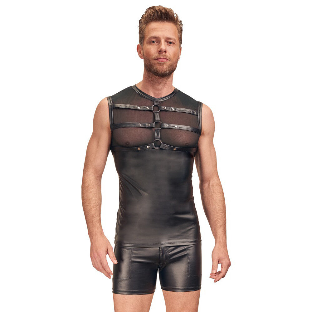 NEK Black Matte Look Harness Vest with Sheer Powernet Panels