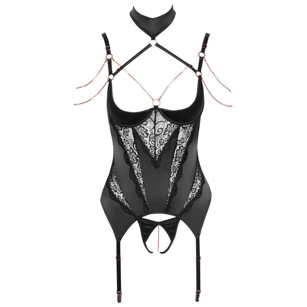 Abierta Fina Black Basque with Rhinestone Chains and Lace Detail