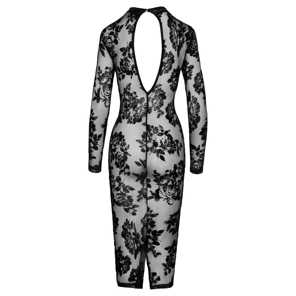 Noir Sheer Floral Velvet Flock Dress with Open Back Detail