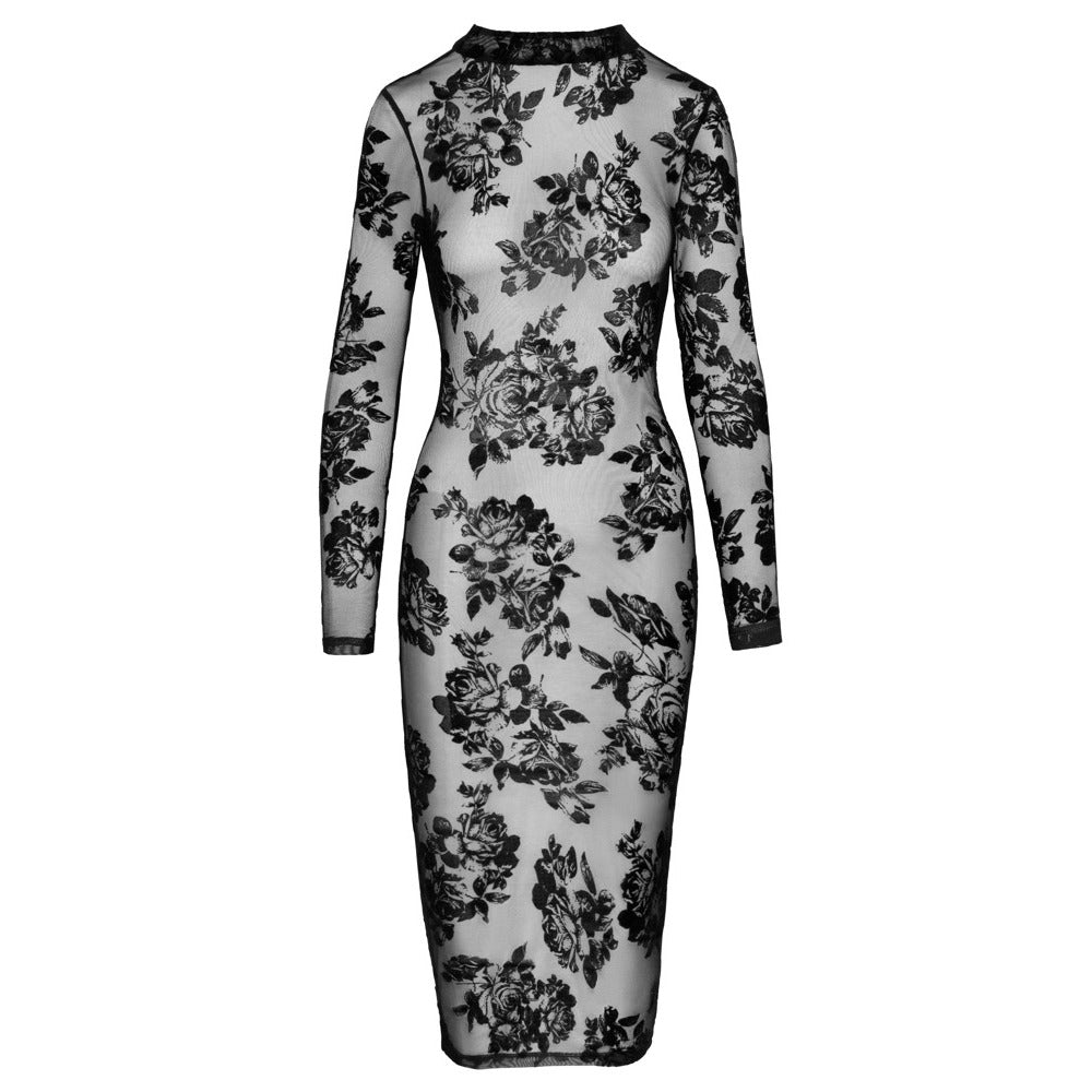 Noir Sheer Floral Velvet Flock Dress with Open Back Detail