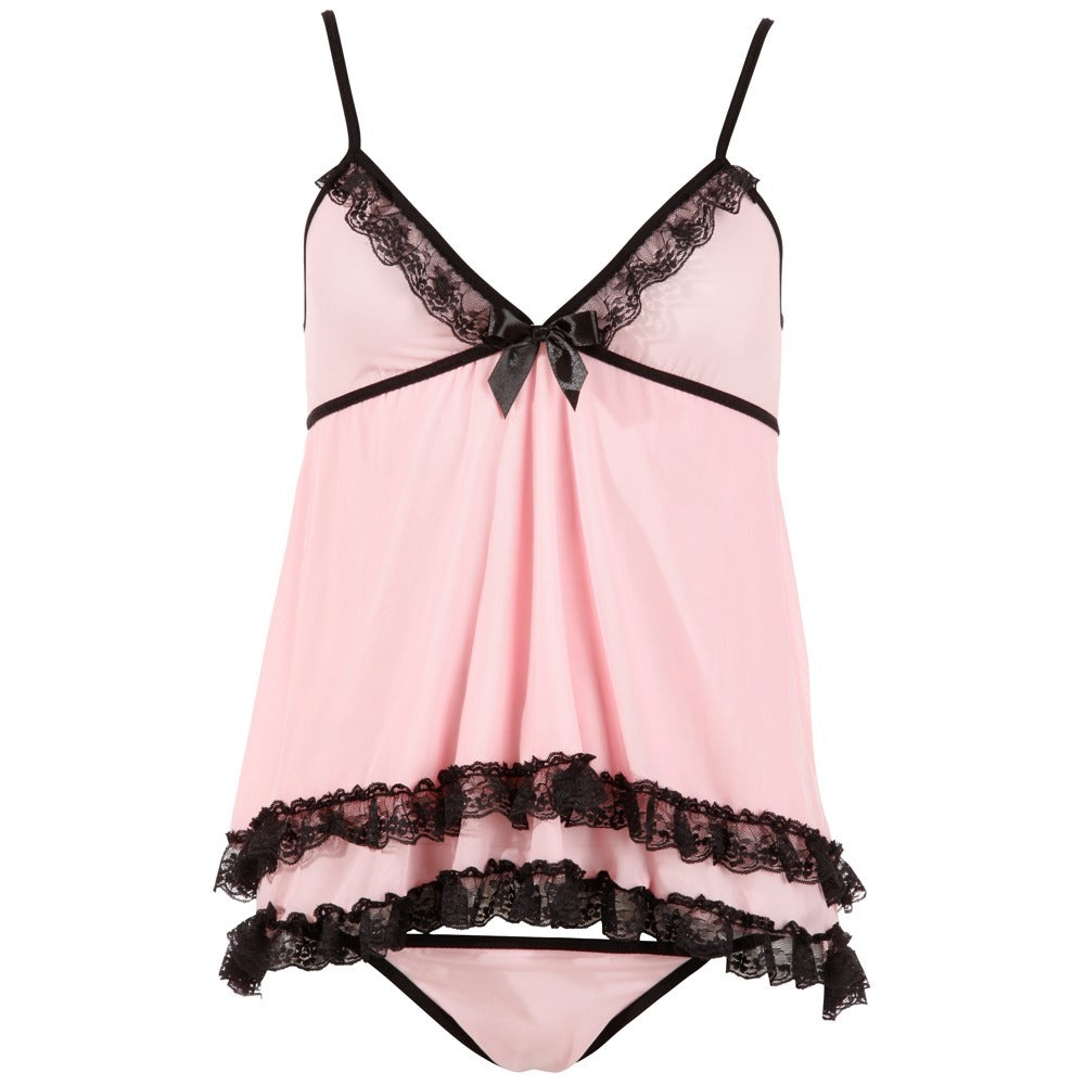 Cottelli Collection Pink Babydoll Set with Lace and Matching Thong