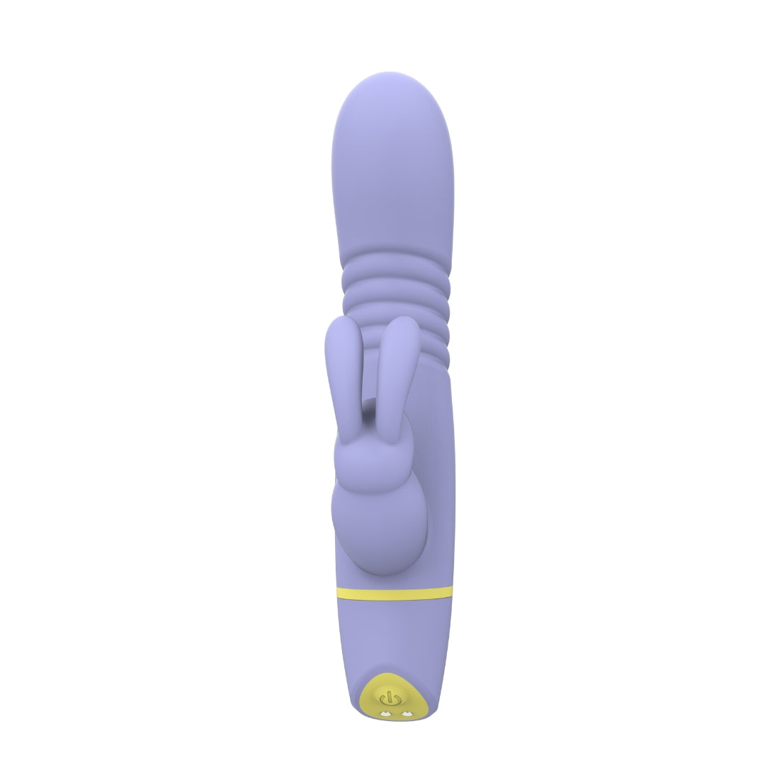 Purple silicone rabbit-shaped toy with a yellow base on a white background