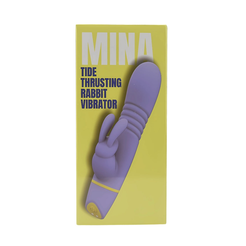 Purple rabbit vibrator in packaging with 'Mina' branding on a yellow background