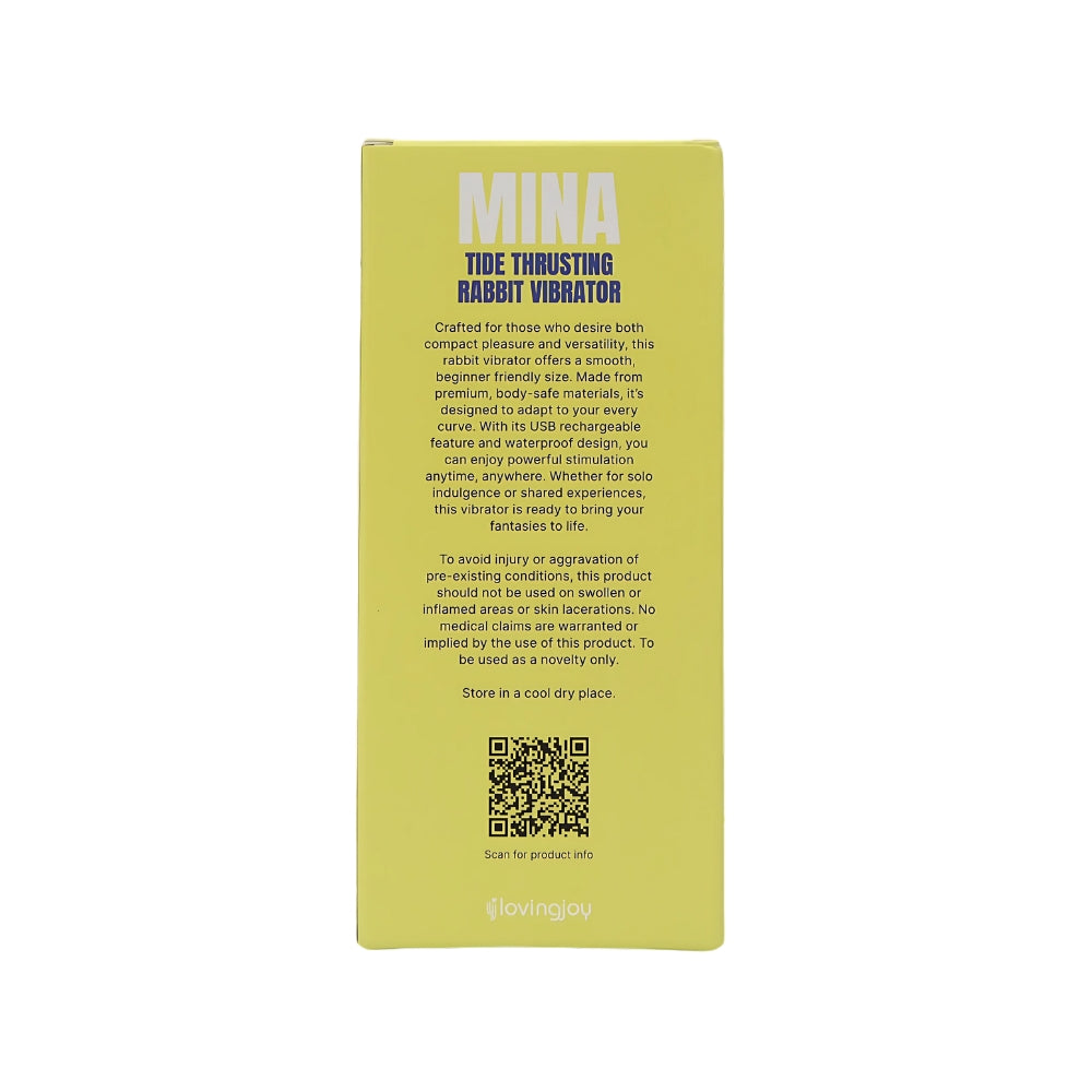 Yellow packaging of a Mina Thrusting Rabbit Vibrator with text and QR code on a white background
