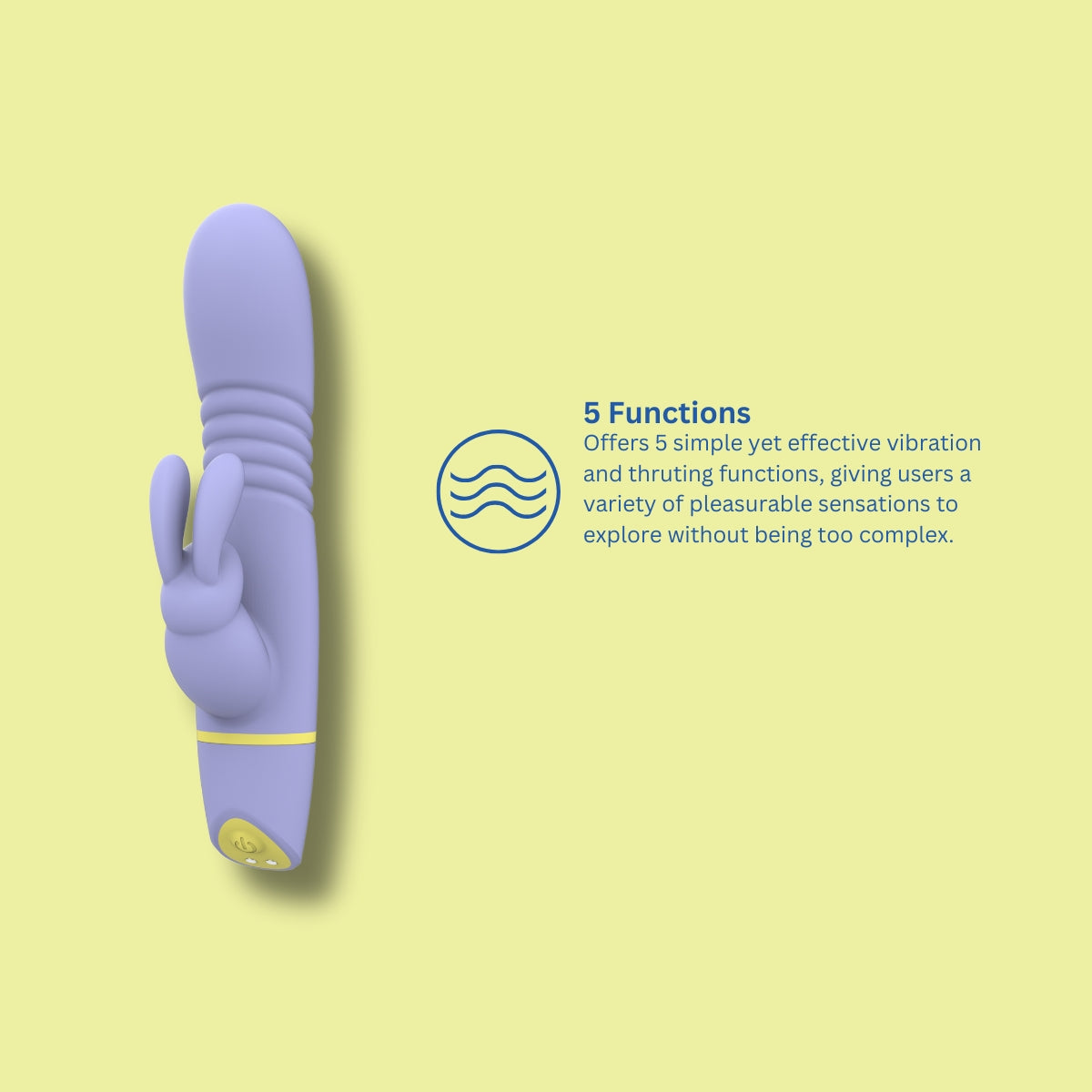 Purple toy with text on a yellow background