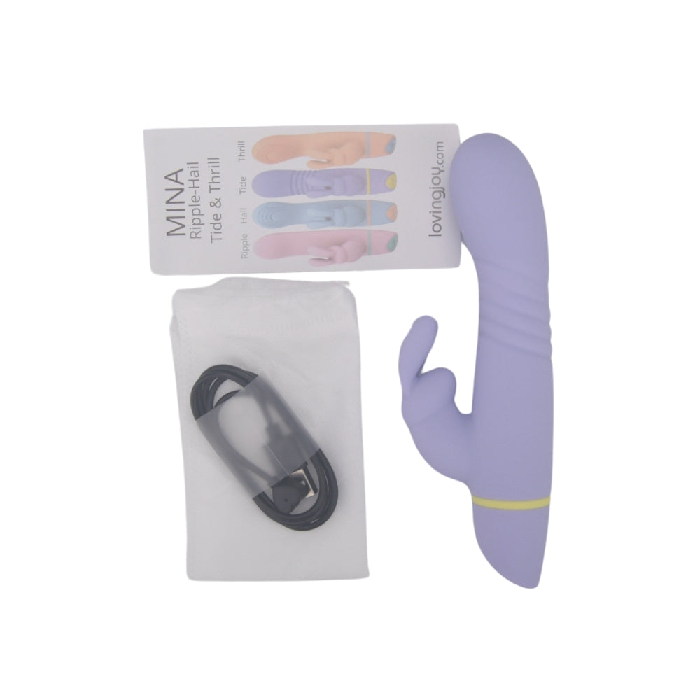 Purple tool with packaging and charging cable on a white background