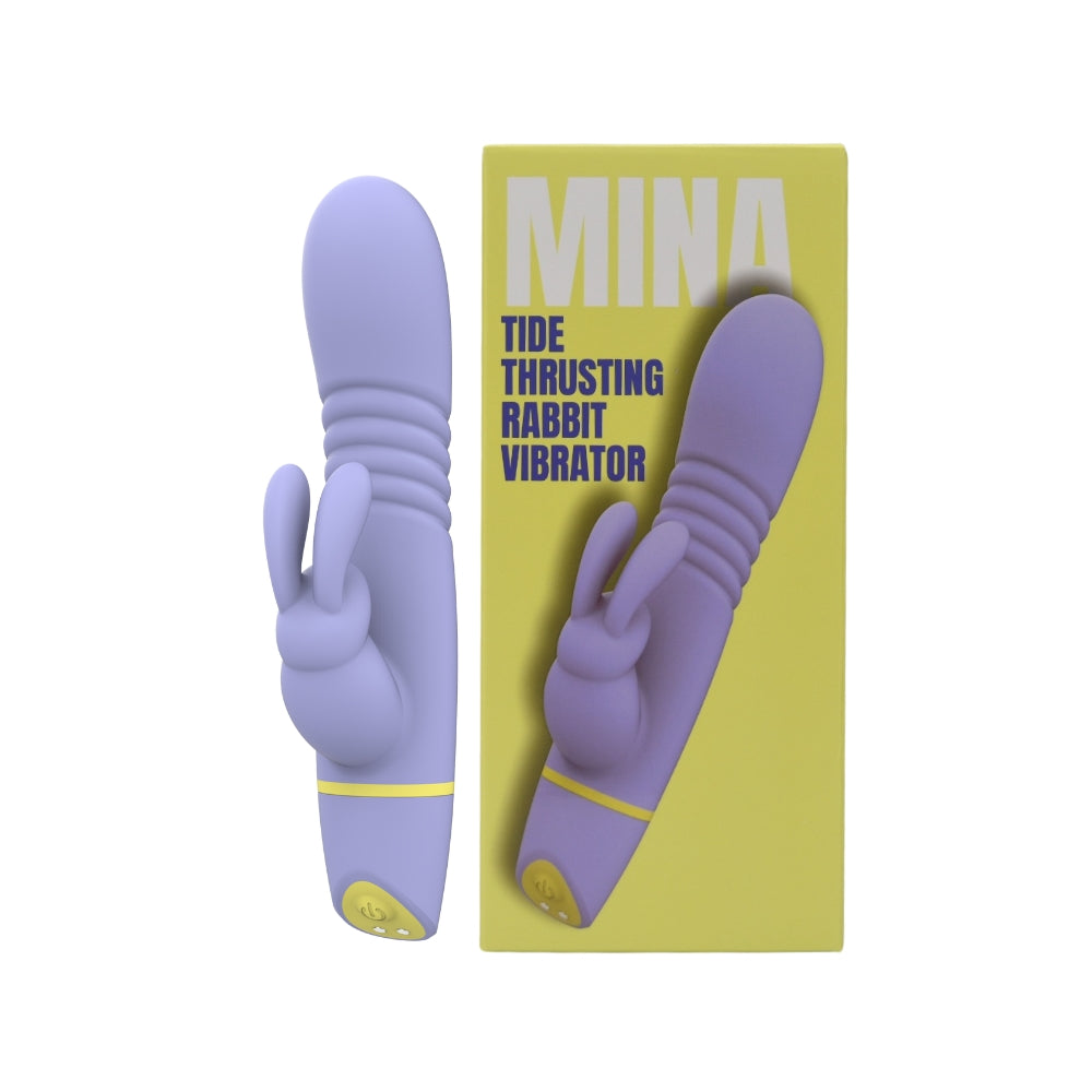Purple rabbit vibrator with yellow packaging on a white background