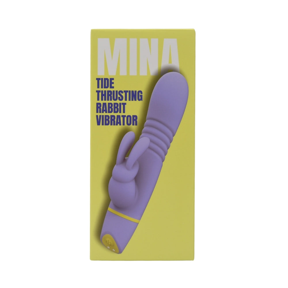 Purple rabbit vibrator with yellow packaging featuring the brand 'Mina'.