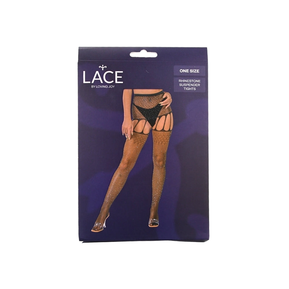 Lace by LJ Rhinestone Suspender Tights Black