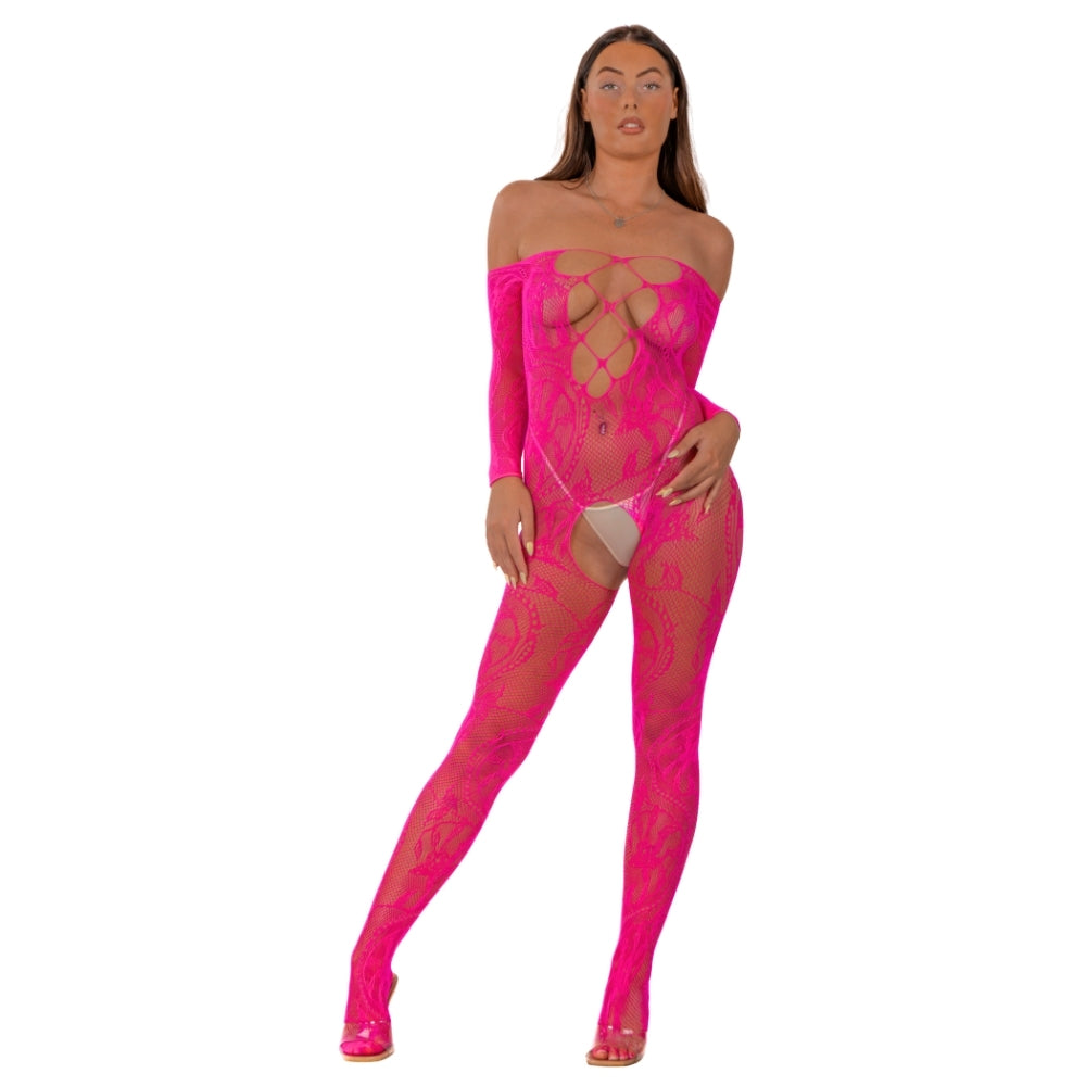 Lace by LJ Lace Up Front Crotchless Bodystocking Fuchsia