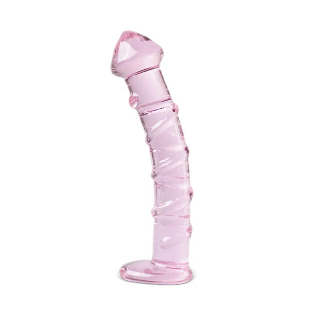 Textured Pink Glass Dildo with Velvet Pouch