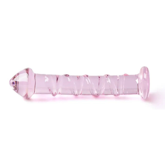 Textured Pink Glass Dildo with Velvet Pouch