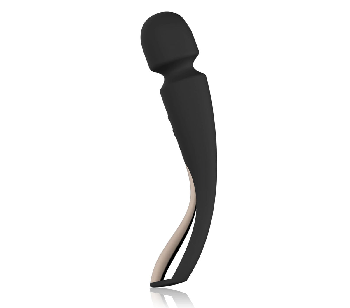 A curved black silicone personal wand toy massager with a beige inner lining, shown from a side profile on a white background with a subtle reflection.