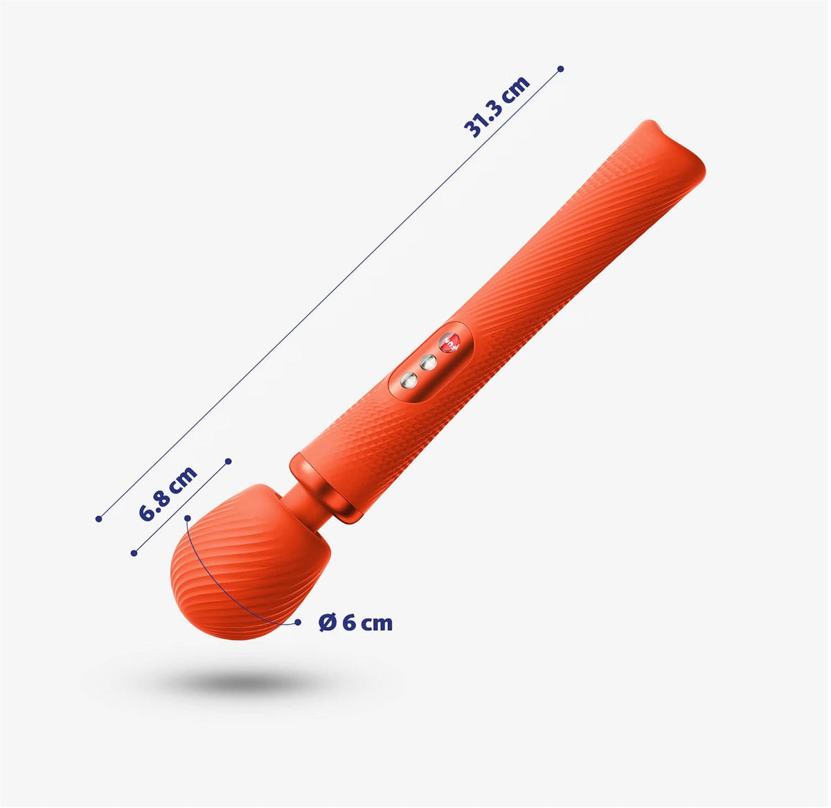 An orange handheld wand-style device shown on a light gray background with measurement lines and text indicating dimensions: 31.3 cm length, 6.
