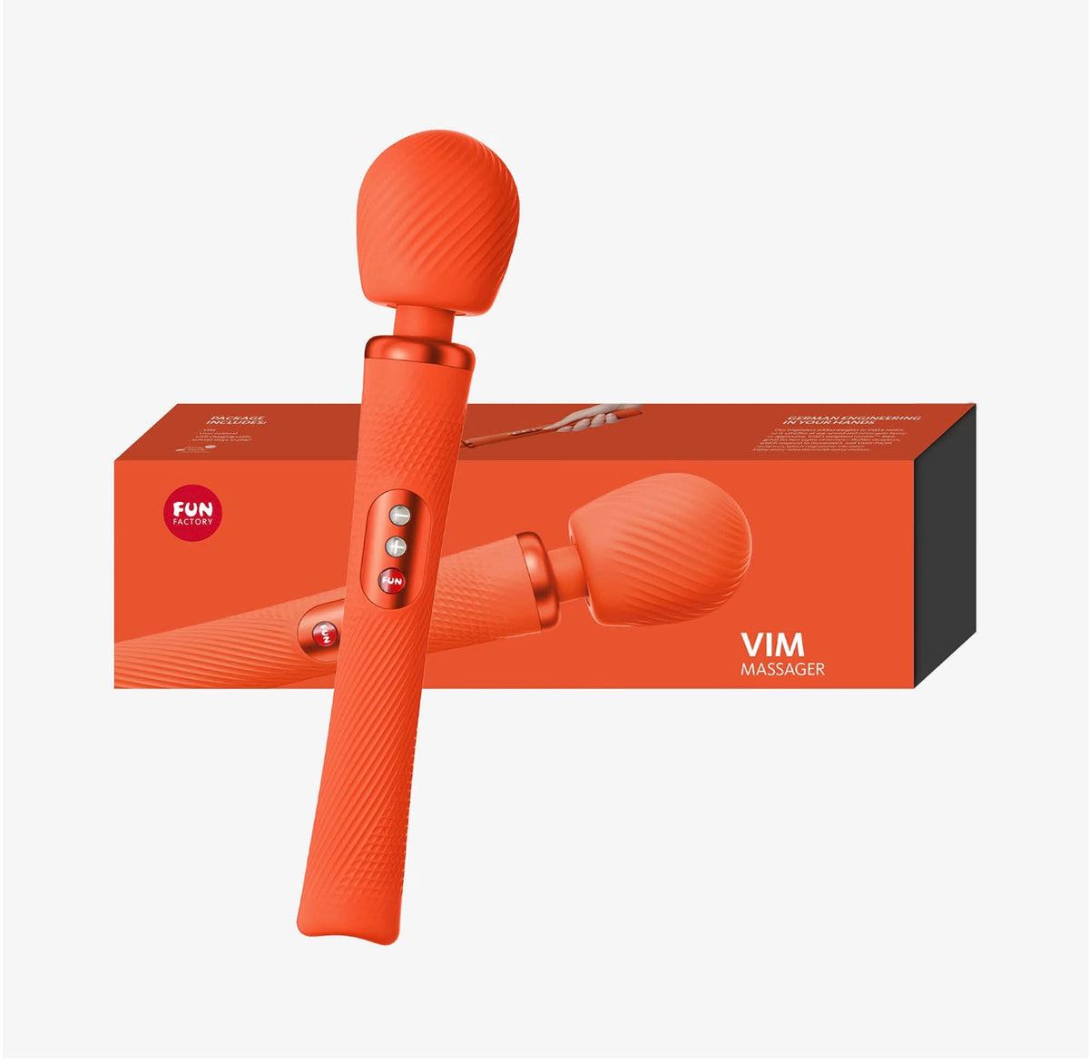 An orange handheld VIM wand MASSAGER shown in front of its matching orange retail box on a light gray background.