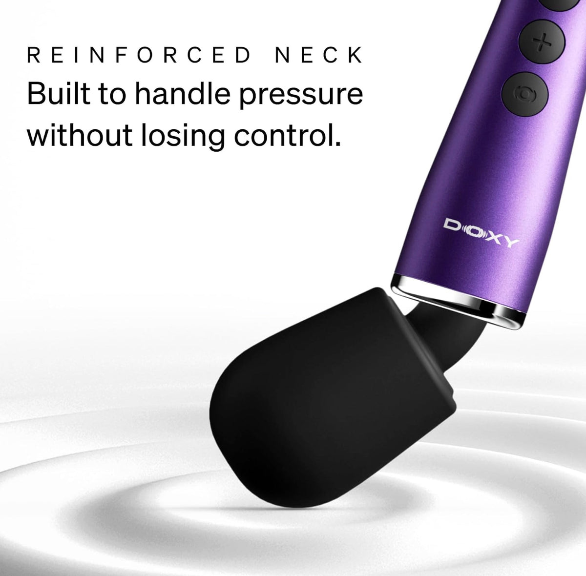 A close-up product shot of a purple DOXY handheld wand massager with a black silicone head, shown against a white background with text reading 'REINFORCED NECK Built to handle pressure without losing control.'.