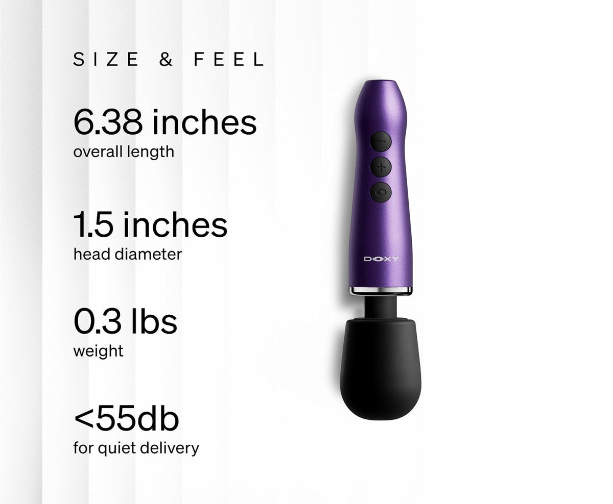 A purple and black DIXO wand massager shown on a white background with text detailing its size, feel, weight, and sound level.