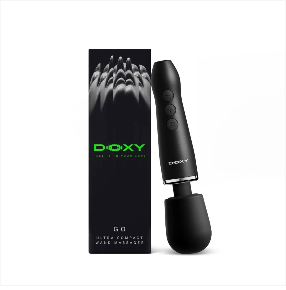 A black DOXY hand massager shown next to its black retail box on a plain white background. The box features the brand name in green and the model name GO.