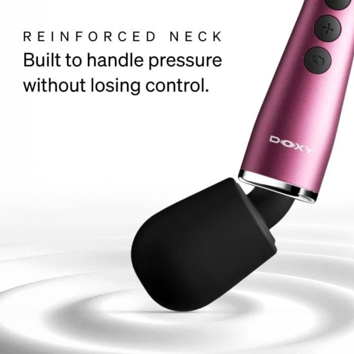 A pink DOXY wand massager with a black silicone head, shown against a white background with a text overlay that reads 'REINFORCED NECK Built to handle pressure without losing control.'.