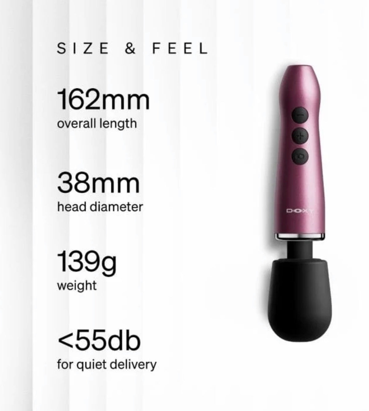 A pink metallic wand massager from Doxy with three black buttons and a black silicone tip, shown on a clean white background.