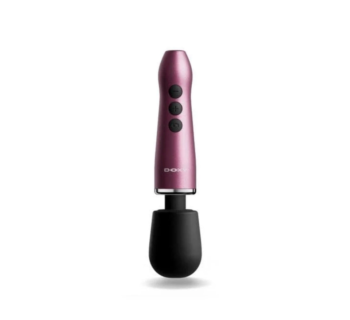 A pink metallic wand massager from Doxy with three black buttons and a black silicone tip, shown on a clean white background.