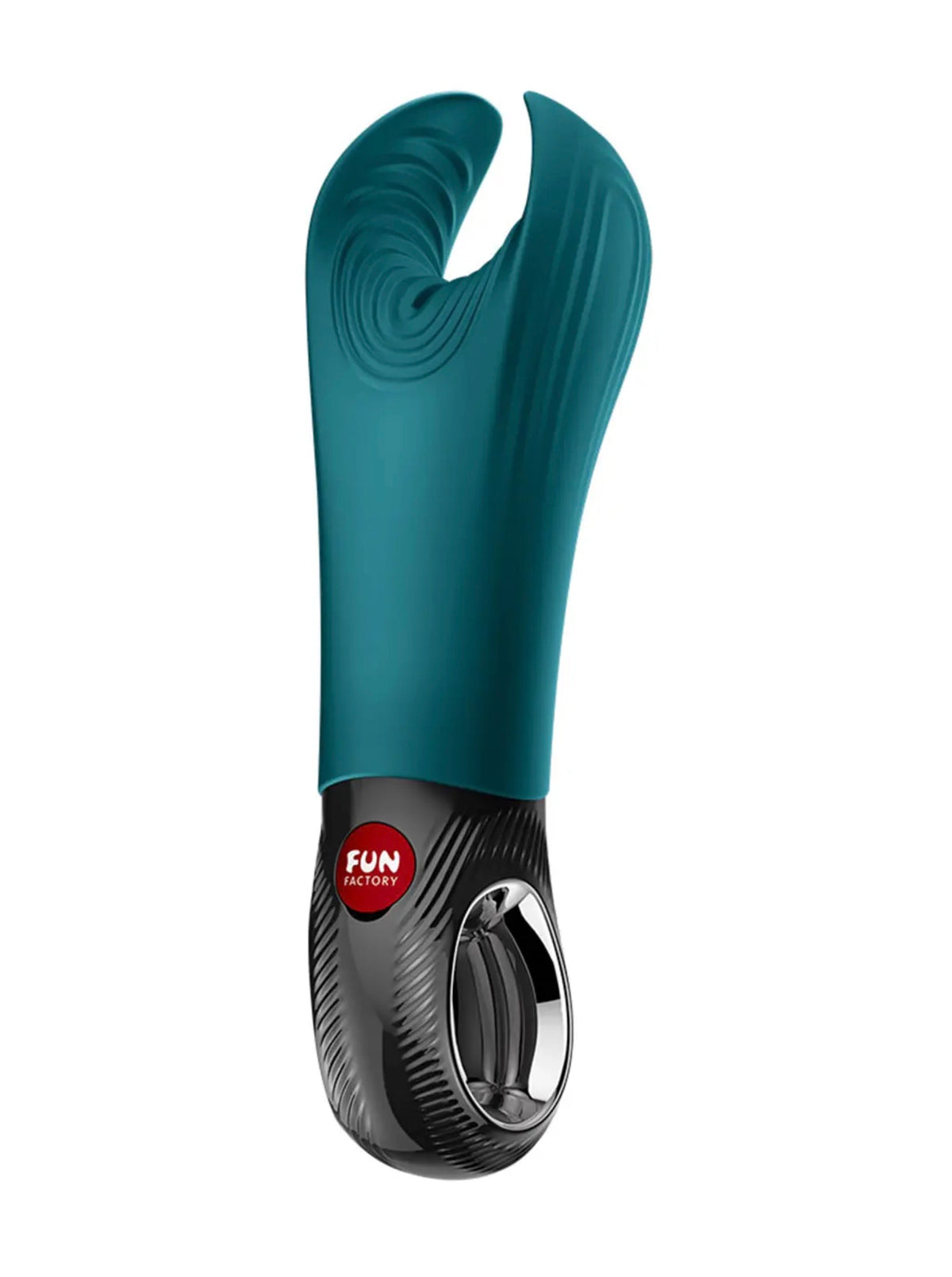 A teal and black personal massager from men with a textured silicone body, a carbon-fiber-look lower section, and a red circular 'FUN' brand badge, shown on a plain white background.