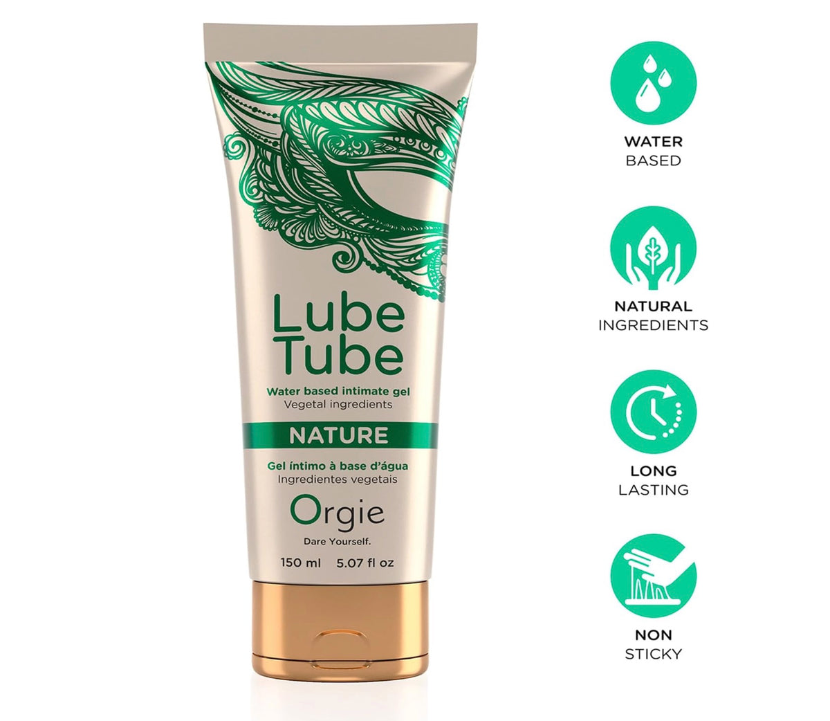 A tube of Orgie Lube Tube water-based intimate gel, featuring a beige and green design with a metallic gold cap, shown alongside four green circular icons highlighting its key features: water-based, natural ingredients, long-lasting, and non-sticky.